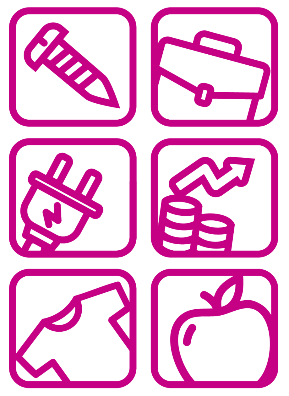 Icons, die verschiedene Fachbereiche der Arbeitslehre/Technik repräsentieren 