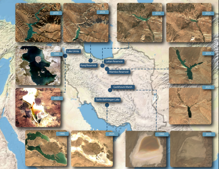 Karte ausgetrockneter Seen, Feuchtgebiete und Flüsse in Iran