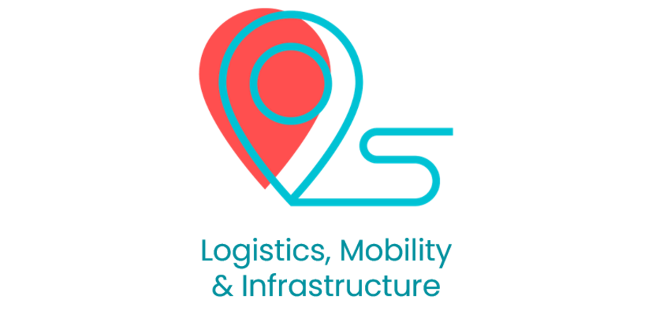 Ein Icon mit stilisiertem, tropfenförmigen GPS-Zeichen. Darunter steht "Logistics, Mobility & Infrastructure".