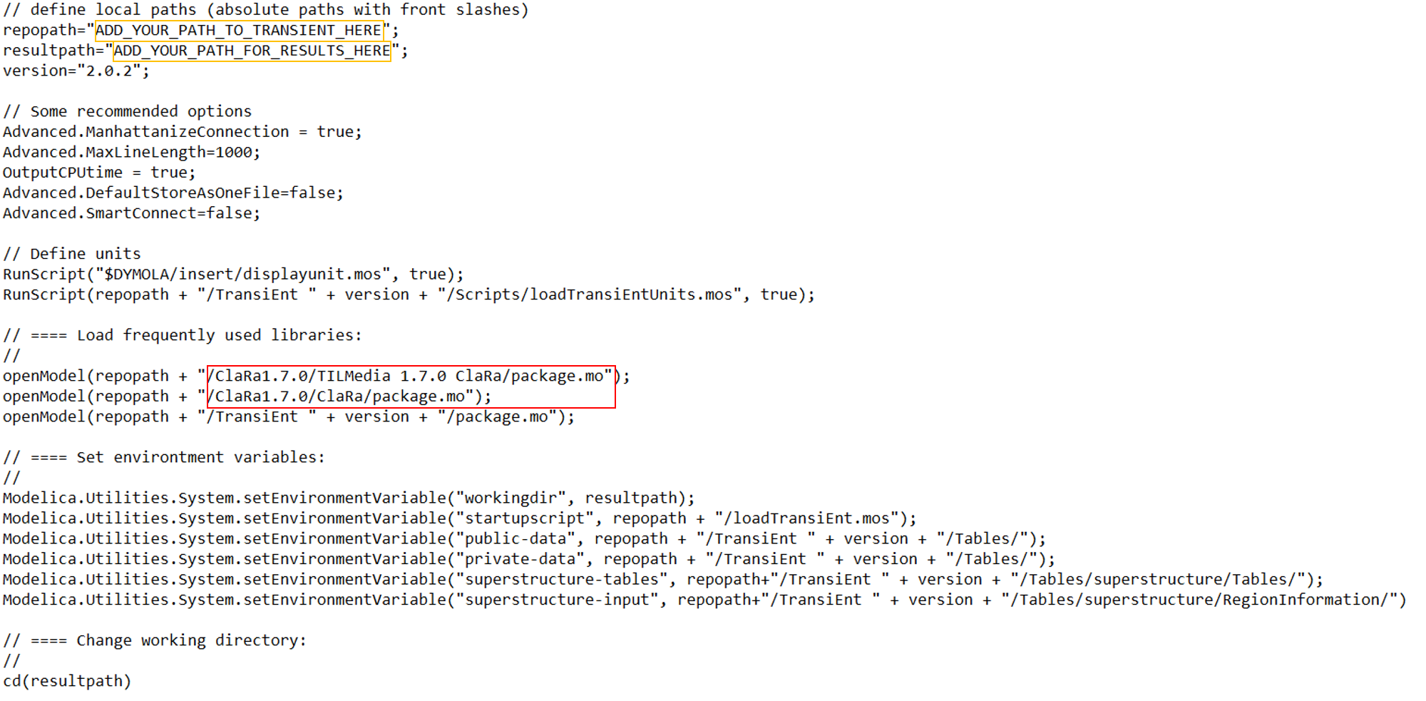 screenshot of file loadTransient.mos with marked areas