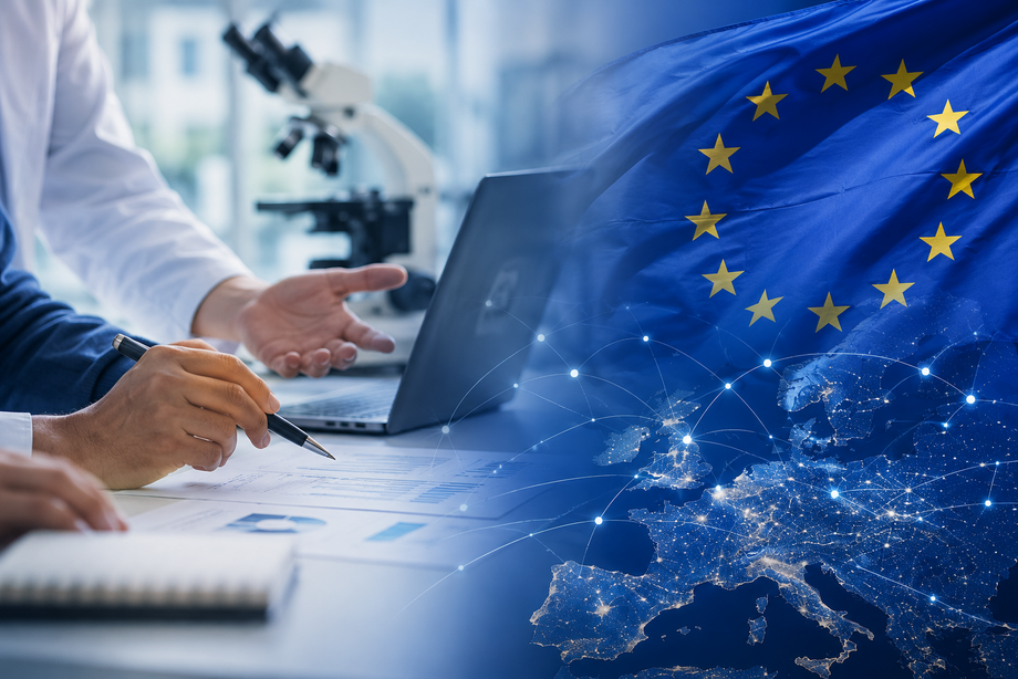 Hands at work on computers and EU-Flag