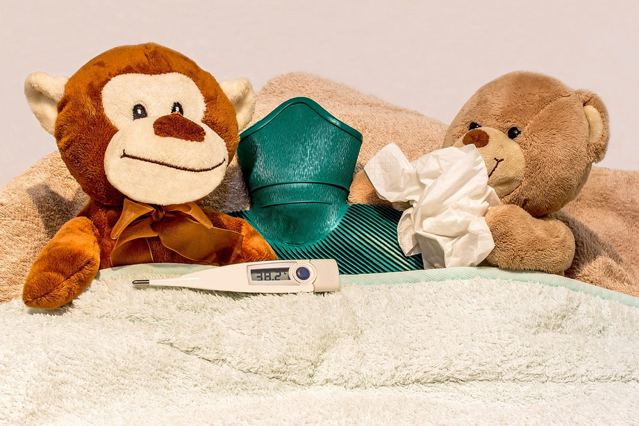 Zwei Kuscheltiere mit einer Wärmflasche und einem Fieberthermometer